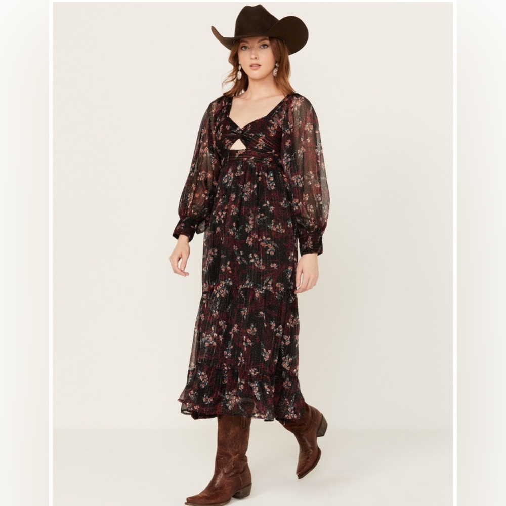 Angie Women's Floral Cut Out Long Sleeve Midi Dress Size Small  Boho Witchy Fall